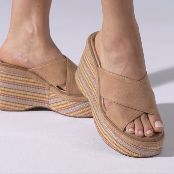 Zodiac Shoes - Zodiac Tan Suede Platform Sandals with Multicolor Striped Wedge